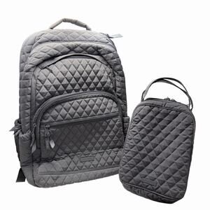 Vera Bradley Essential Backpack Laptop Quilted Carbon Rose Lined Lunchbox Set